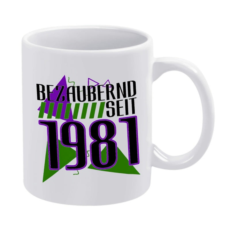 Tailorly White Ceramic 11 oz Mug - Retro Geometric Shapes With Purple And Green Triangles Over A