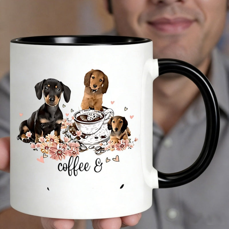 Tailorly Black Accent 11 oz Mug - dachshund and coffee cup