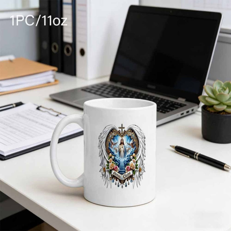 Tailorly White Ceramic 11 oz Mug - Jesus Christ Sacred Figure With White Wings And Roses Under A Holy Cross Jesus