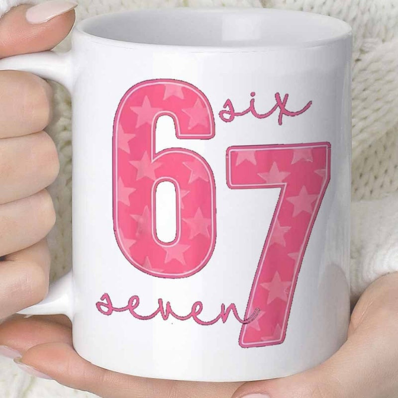 Tailorly White Ceramic 11 oz Mug - Six Seven Vibrant Pink Toned Stars Pattern Filling Bold Script Stylized Modern Number