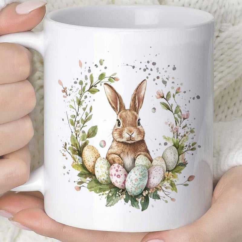 Tailorly White Ceramic 11 oz Mug - Brown Watercolor Style Inside Floral Wreath With Colorful Easter Eggs Rabbit