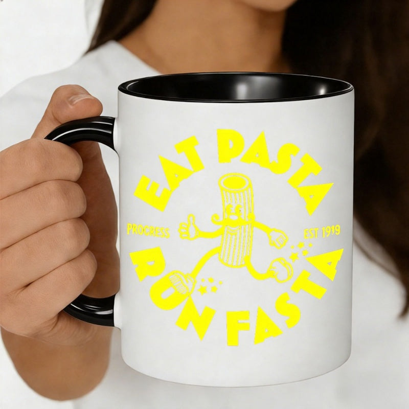 Tailorly Black Accent 11 oz Mug - yellow pasta character progress est 1919