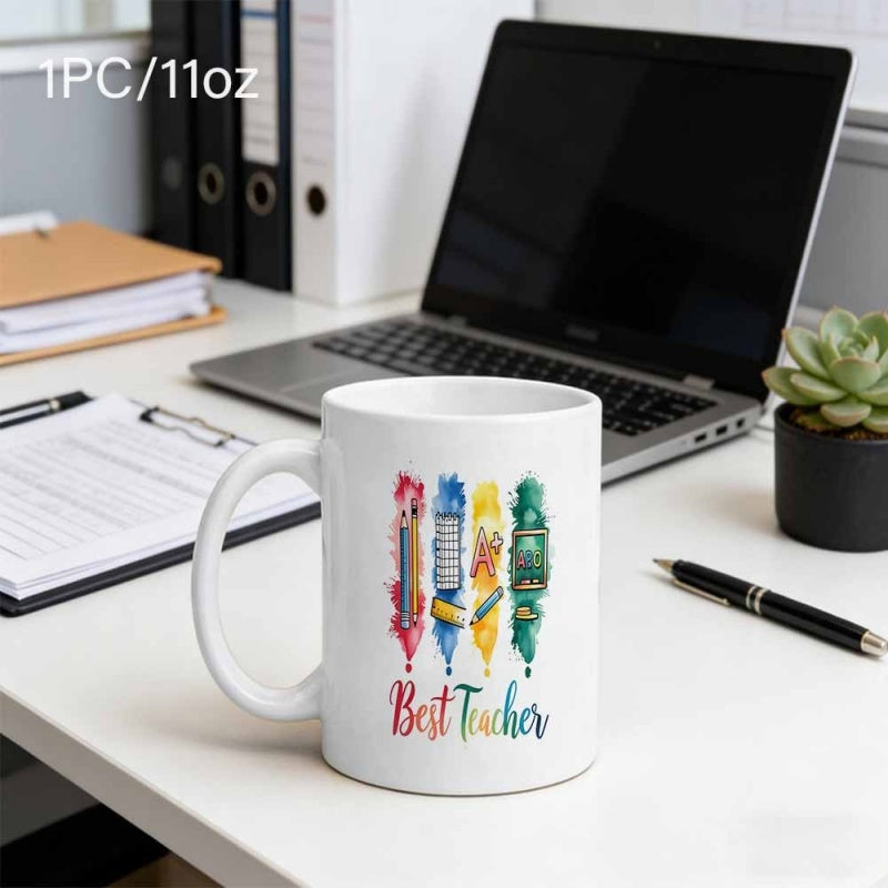 Tailorly White Ceramic 11 oz Mug - Best Teacher Colorful Vertical Paint Splashes With Artistic School Supplies Illustrations Mug