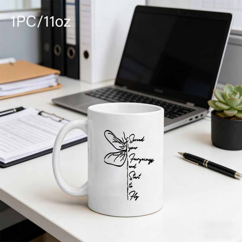 Tailorly White Ceramic 11 oz Mug - Spread Your Forgiveness And Start To Fly Minimalist Black Line Wings Representing Freedom And Inner Peace Butterfly