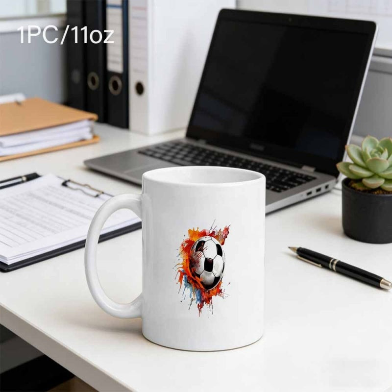 Tailorly White Ceramic 11 oz Mug - Abstract Artistic Splash With Vibrant Orange Fire And Blue Water Droplets Soccer Ball