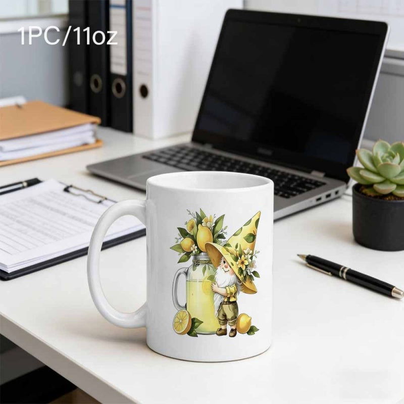 Tailorly White Ceramic 11 oz Mug - Cute Garden Gnome Wearing Lemon Patterned Hat Beside Fresh Lemonade Gnome