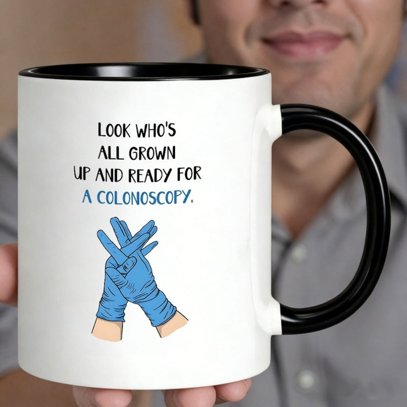 Tailorly Black Accent 11 oz Mug - look up and ready for a colonoscopy funny text with blue gloves design