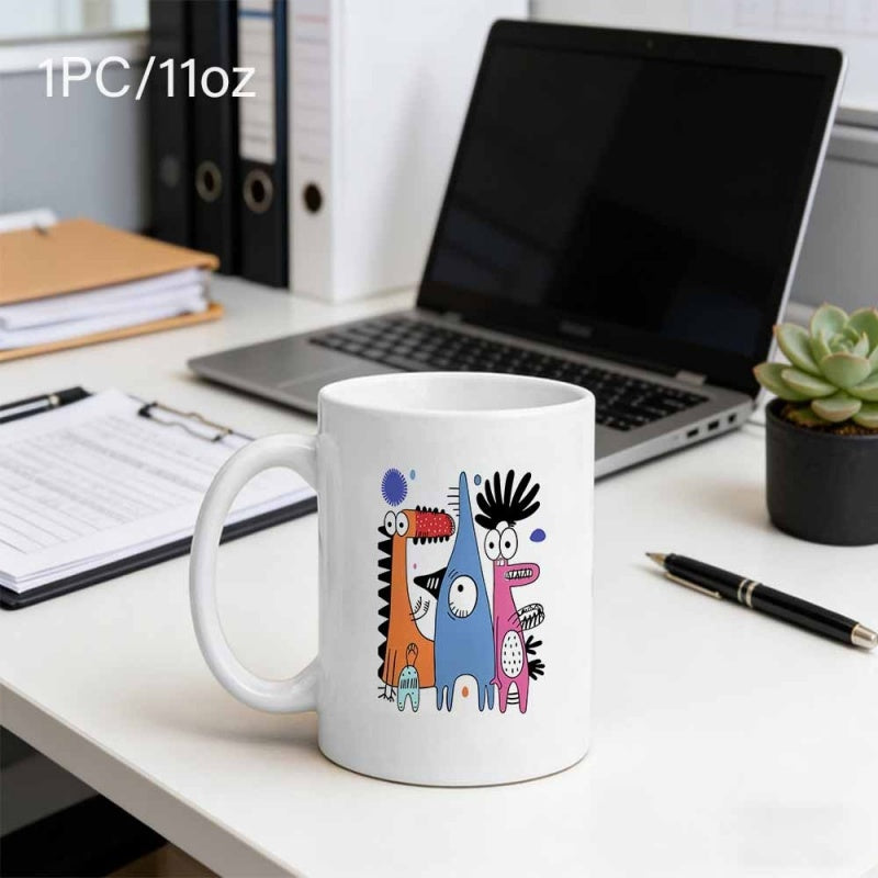Tailorly White Ceramic 11 oz Mug - Whimsical Hand Drawn Doodle Style Colorful Playful Abstract Cartoon Monsters