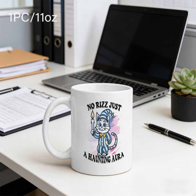 Tailorly White Ceramic 11 oz Mug - No Rizz Just A Haunting Aura Cartoon Cat In Blue Striped Pajamas Holding A Glowing Candle Cat