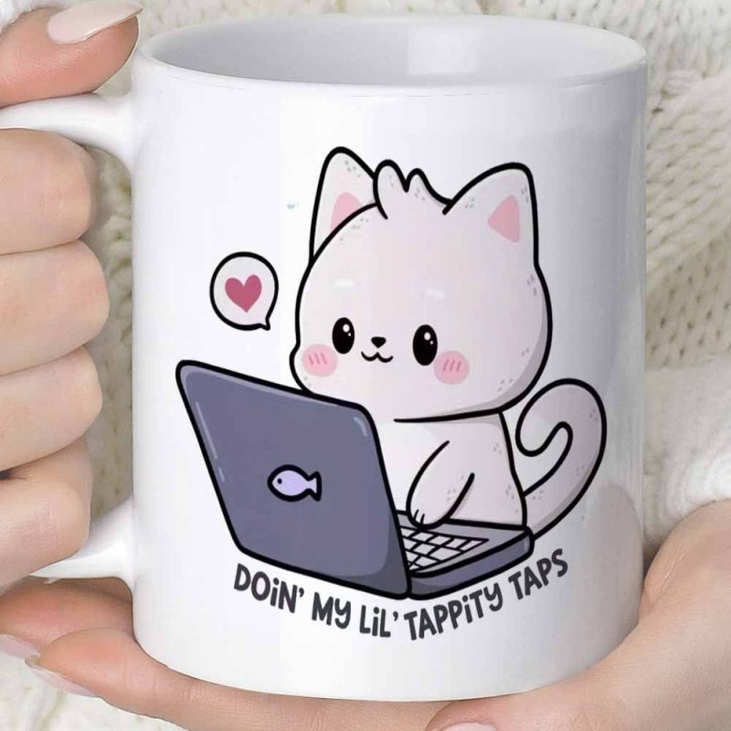 Tailorly White Ceramic 11 oz Mug - Doin My Lil Tappity Taps Adorable White Kitten Typing On Laptop Keyboard In Kawaii Style Cat