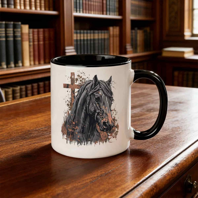 Tailorly Black Accent 11 oz Mug - faith and horse christian with cross design
