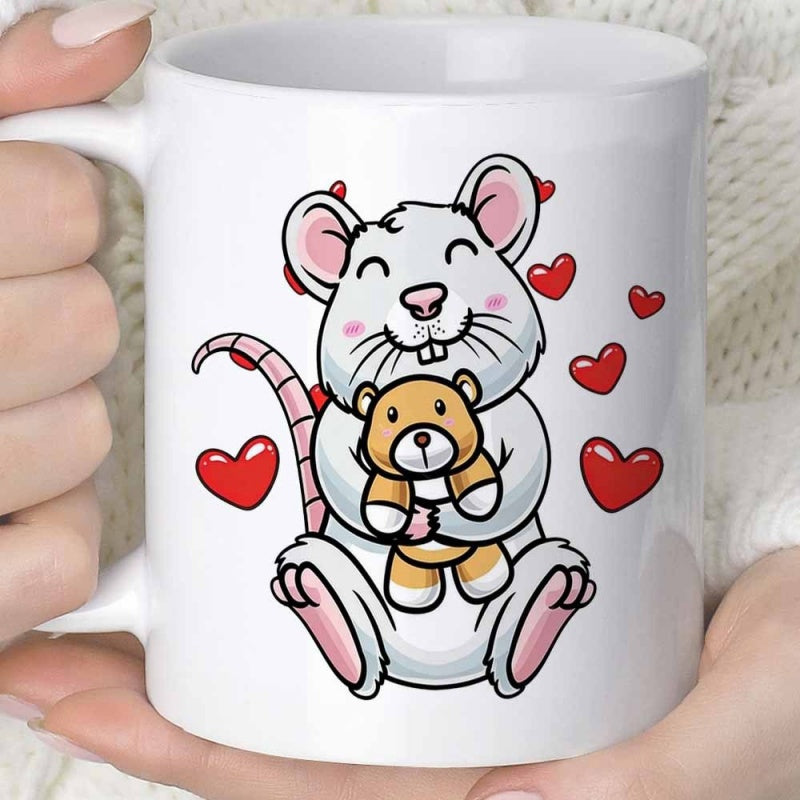 Tailorly White Ceramic 11 oz Mug - Adorable White Cartoon Rat Hugging A Small Brown Plush Teddy Bear Mouse