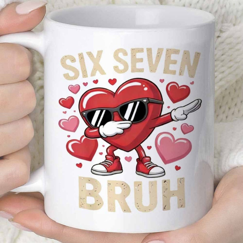 Tailorly White Ceramic 11 oz Mug - Six Seven Bruh Vibrant Red Character Wearing Sunglasses Dabbing Among Small Colorful Floating Hearts Heart