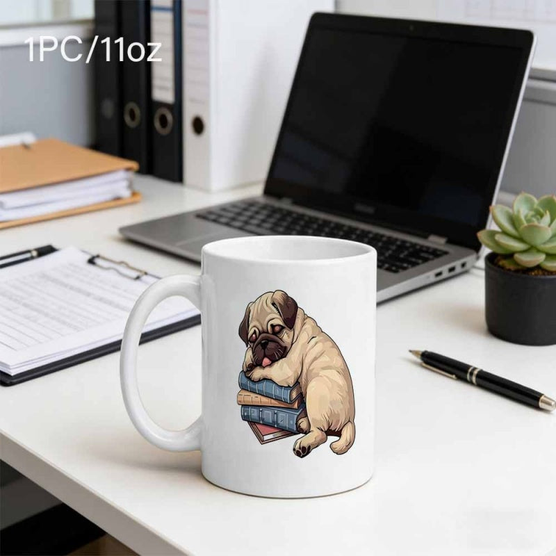 Tailorly White Ceramic 11 oz Mug - Adorable Fawn Pug Resting Comfortably Upon A Stack Of Vintage Books Pug