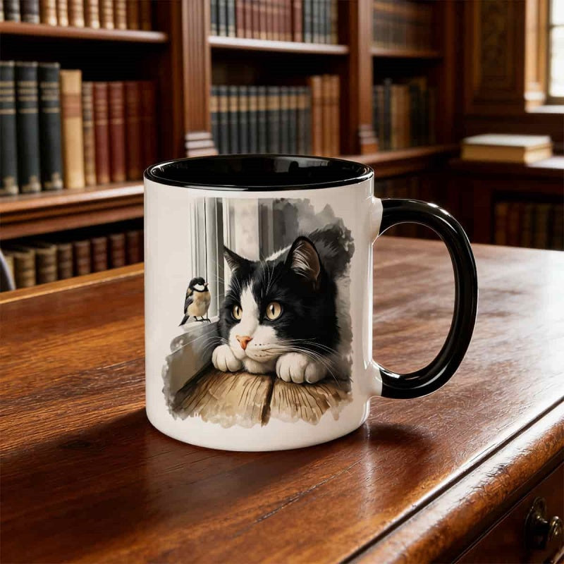 Tailorly Black Accent 11 oz Mug - cute cat bird illustration