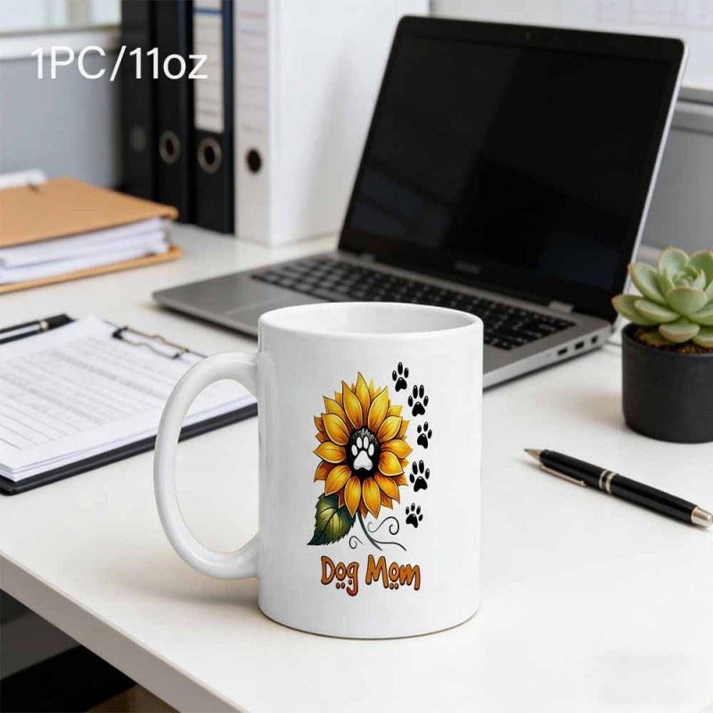 Tailorly White Ceramic 11 oz Mug - Dog Mom Vibrant Yellow Petals With Black Paw Print And Green Leaf Sunflower