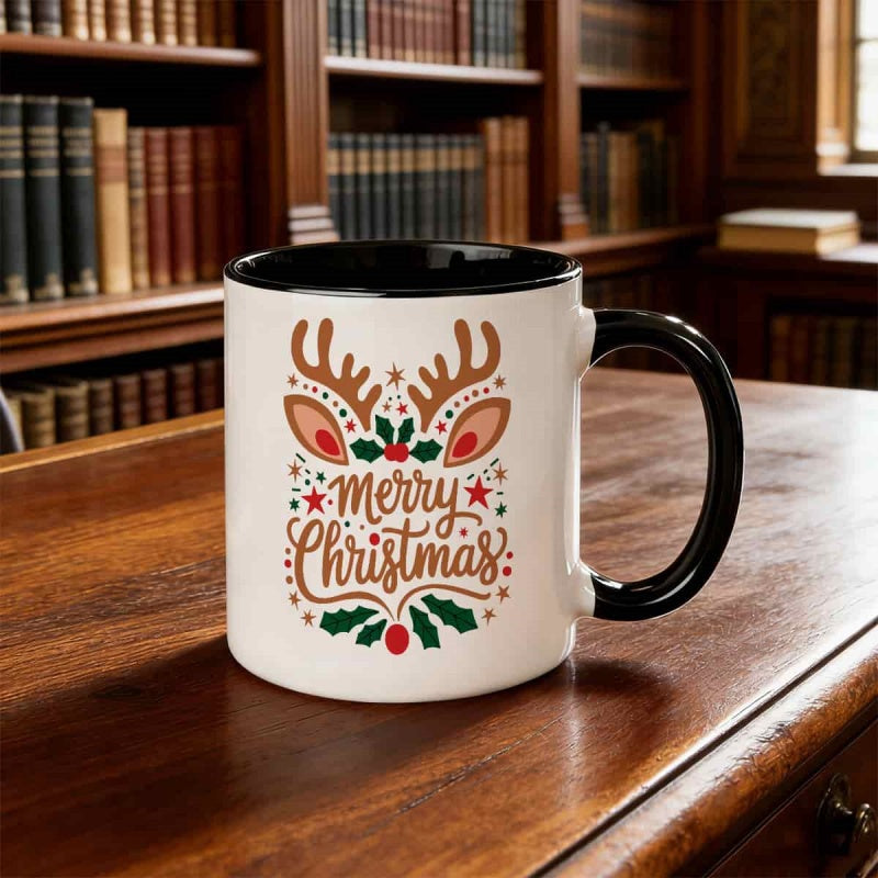 Tailorly Black Accent 11 oz Mug - reindeer and holly design
