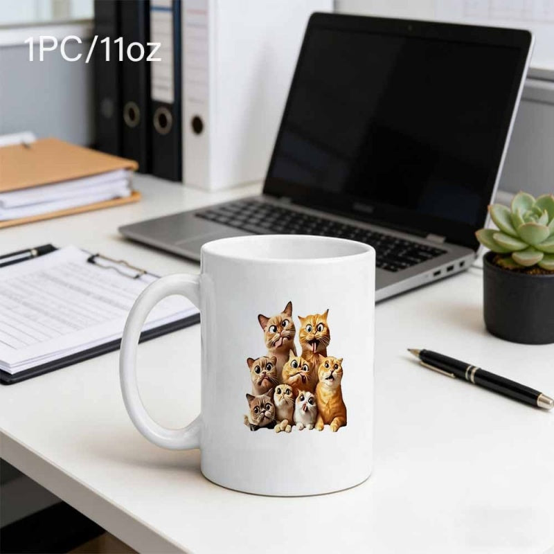 Tailorly White Ceramic 11 oz Mug - Group Of Adorable Whimsical Felines Sitting Together On Pure White Background Cat
