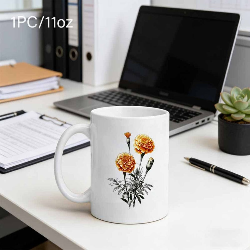 Tailorly White Ceramic 11 oz Mug - Vintage Botanical Sketch Featuring Vibrant Orange Petals Among Detailed Leaves Marigold
