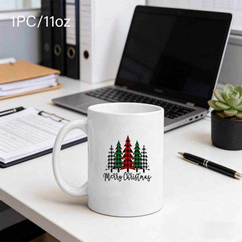 Tailorly White Ceramic 11 oz Mug - Merry Christmas Five Stylized Holiday Pines With Buffalo Plaid Patterns And Festive Spirit Pine Trees