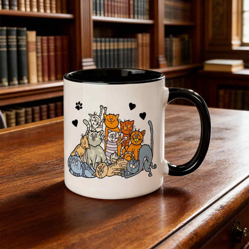 Tailorly Black Accent 11 oz Mug - adorable cartoon cat artwork colorful tabby
