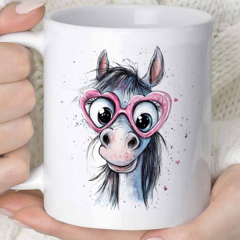 Tailorly White Ceramic 11 oz Mug - Adorable Artistic Animal Wearing Pink Heart Shaped Glasses Cute Donkey