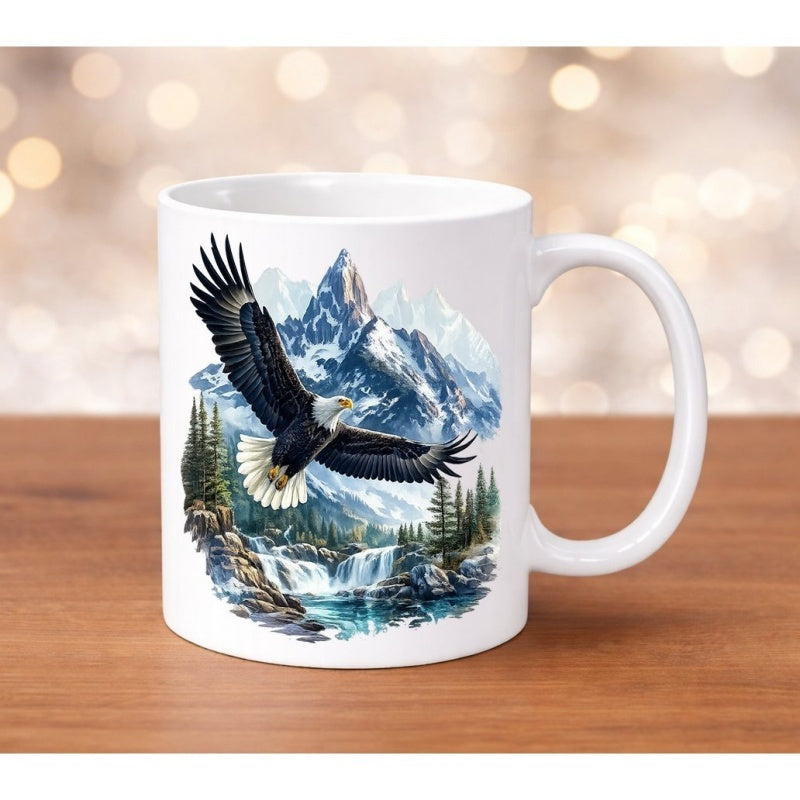 Tailorly White Ceramic 11 oz Mug - Soaring Majestic Bald Eagle Over Snow Capped Peaks And Forest Eagle