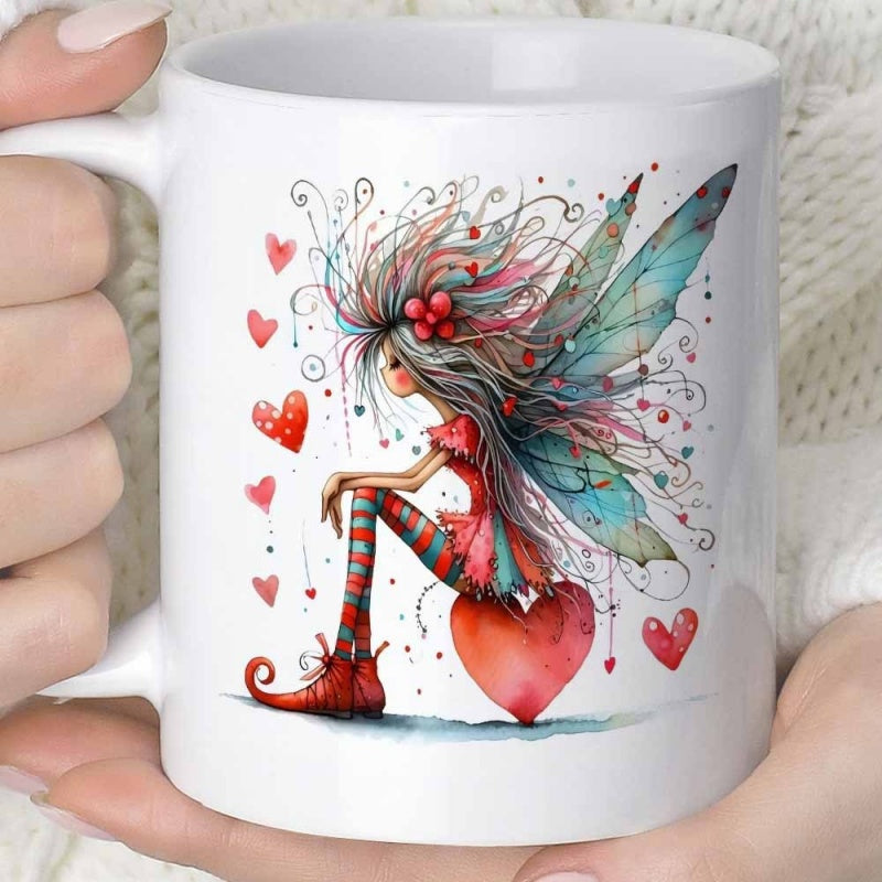Tailorly White Ceramic 11 oz Mug - Whimsical Watercolor Style With Delicate Wings Sitting On Red Heart Fairy