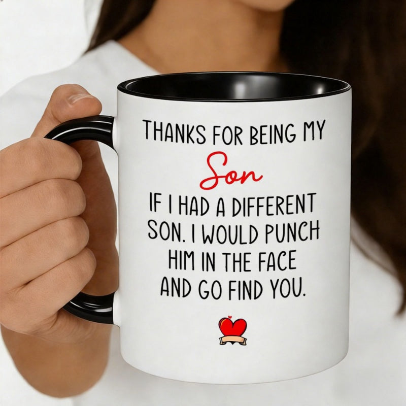 Tailorly Black Accent 11 oz Mug - thanks for being my son red text heart on black background