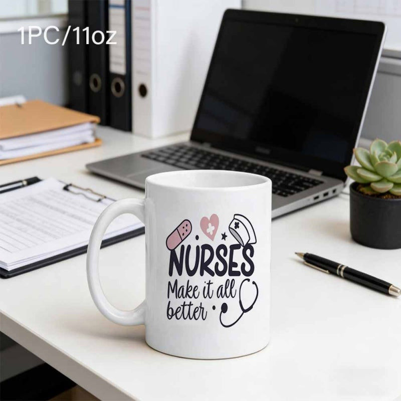 Tailorly White Ceramic 11 oz Mug - Nurses Make It All Better Medical Stethoscope Heart And Bandage With Nursing Cap Mug