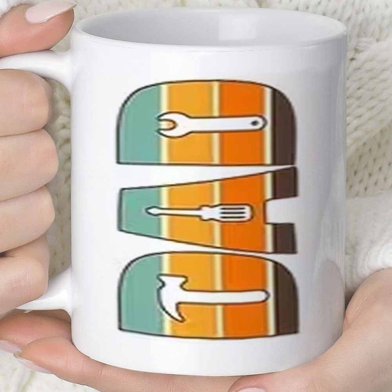 Tailorly White Ceramic 11 oz Mug - Dad Vintage Colored Horizontal Stripes Featuring Silhouette Of Handyman Working Tools Dad