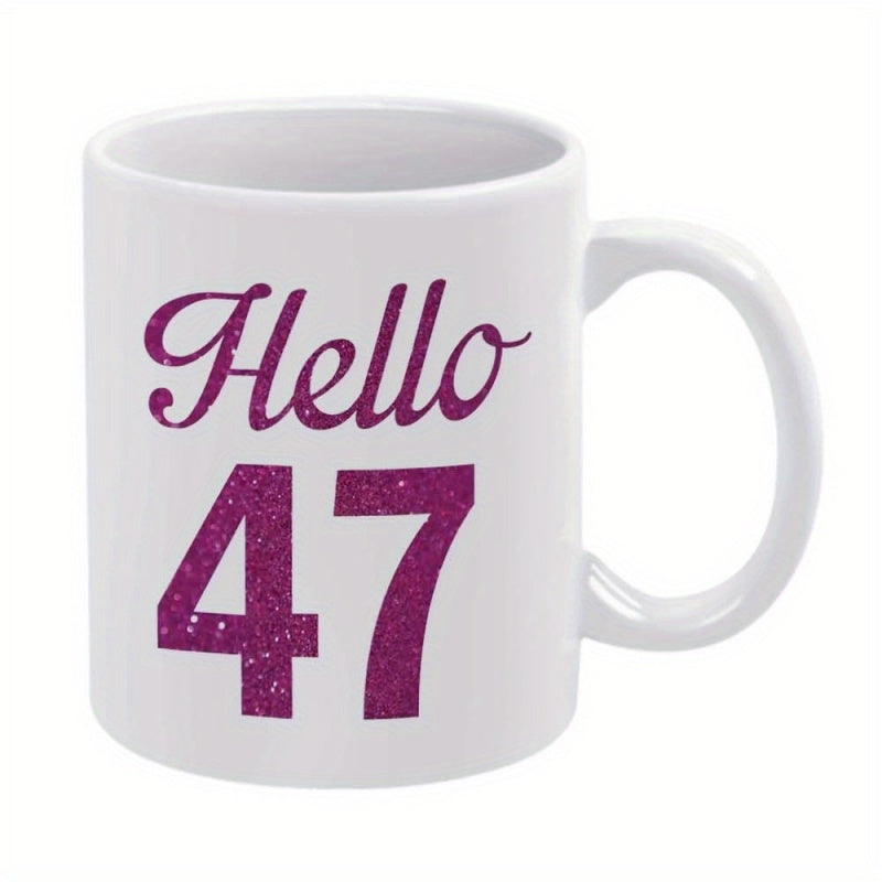 Tailorly White Ceramic 11 oz Mug - Hello 47 Elegant Script Lettering Featuring Vibrant Glittering Purple Textured Birthday Number