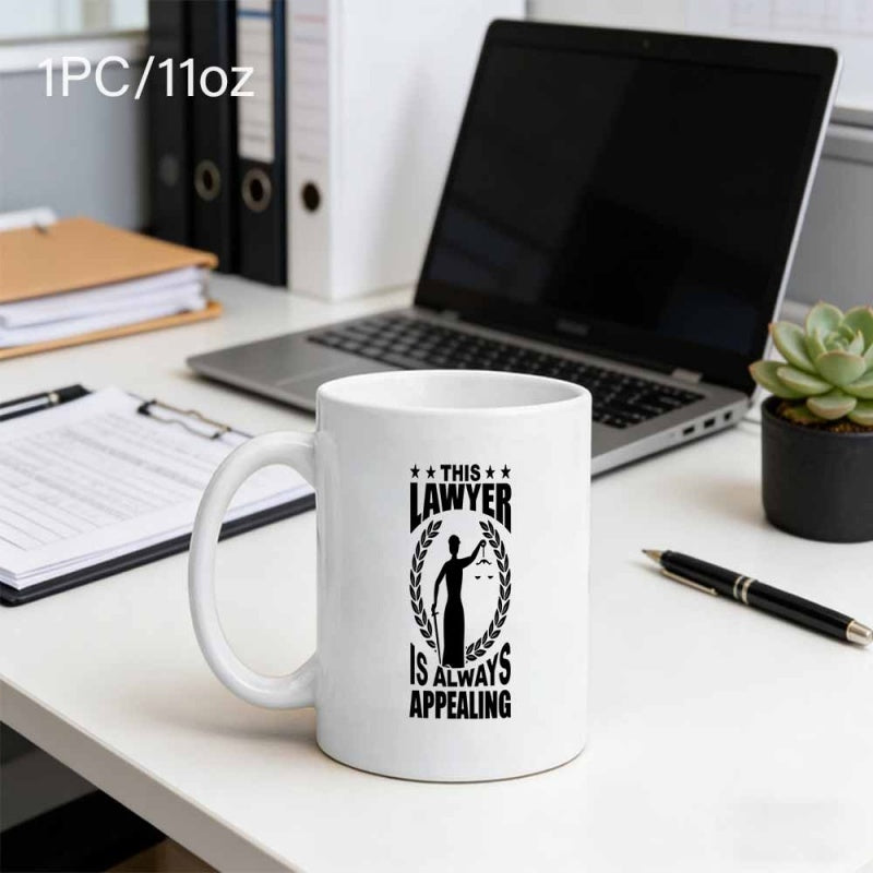 Tailorly White Ceramic 11 oz Mug - This Lawyer Is Always Appealing Silhouette Of Lady Justice Holding Scales Within A Wreath Laurel Mug
