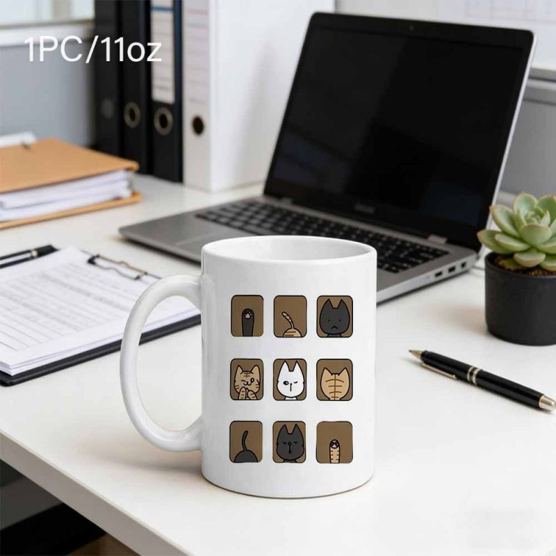 Tailorly White Ceramic 11 oz Mug - Minimalist Cartoon Feline Faces And Features Inside Multiple Square Grid Panels Cat