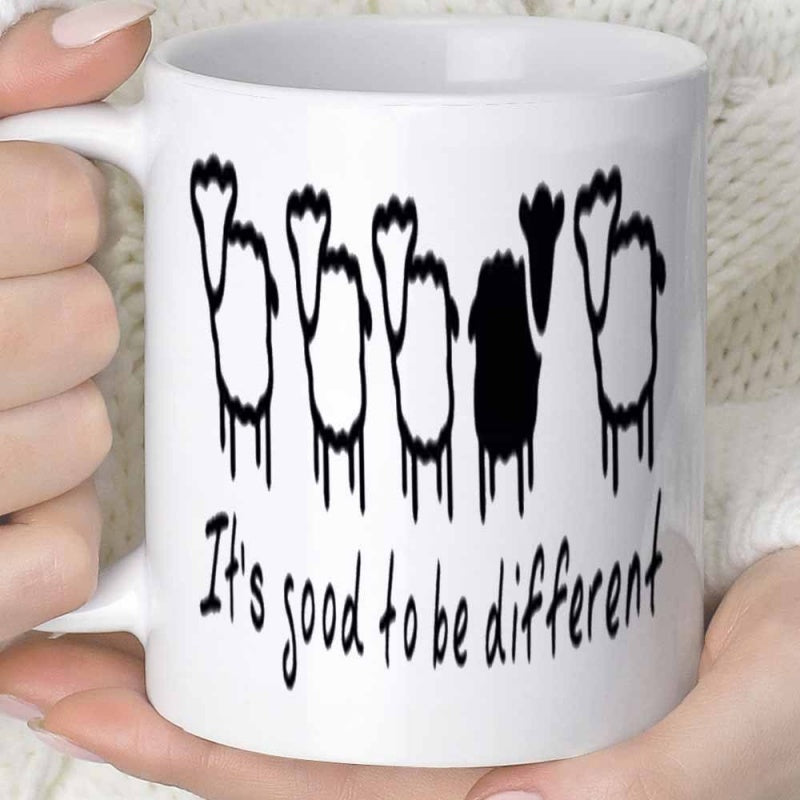 Tailorly White Ceramic 11 oz Mug - Its Good To Be Different Minimalist Row Of Stylized Animals With One Unique Black Sheep