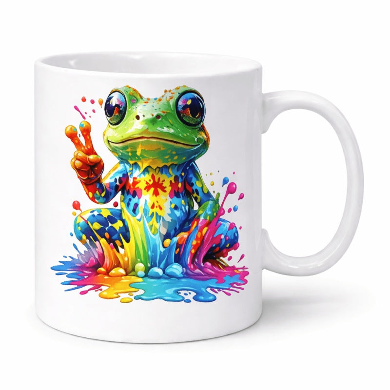 Tailorly White Ceramic 11 oz Mug - Colorful Rainbow Paint Splatters With Peace Sign Gesture Cheerful Artistic Frog