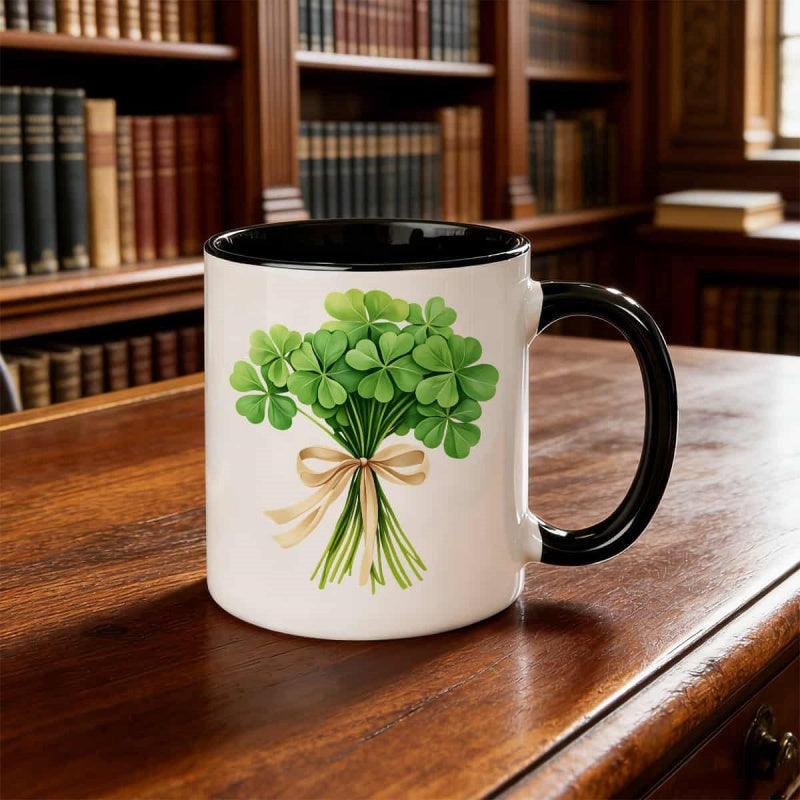 Tailorly Black Accent 11 oz Mug - watercolor clover and ribbon