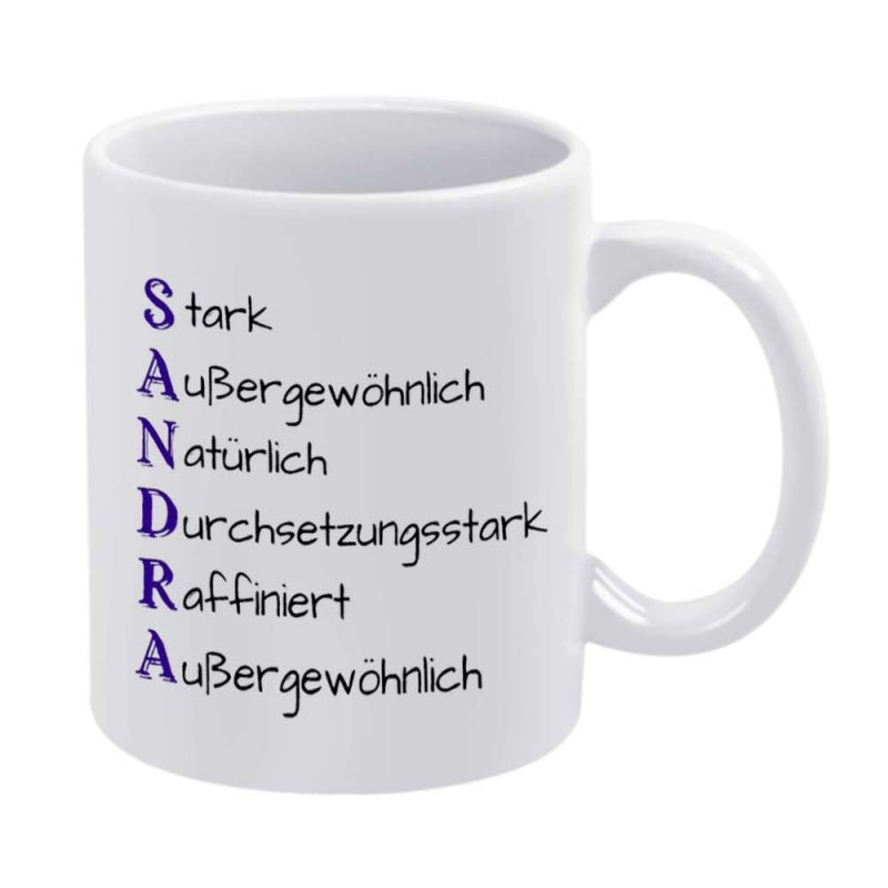 Tailorly White Ceramic 11 oz Mug - Sandra Minimalist With Decorative Vertical Name Print Typography Mug
