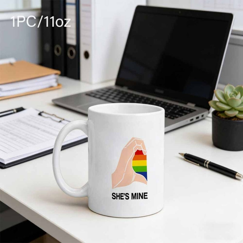 Tailorly White Ceramic 11 oz Mug - She's Mine Rainbow Pride Half Heart Hand Sign On Pure