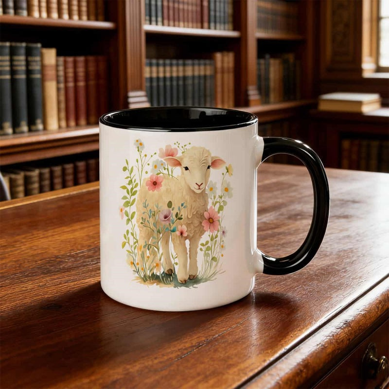 Tailorly Black Accent 11 oz Mug - sheep floral