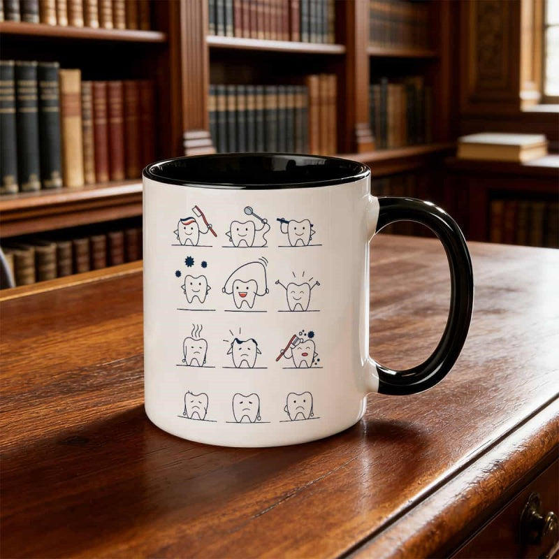 Tailorly Black Accent 11 oz Mug - cartoon teeth showcasing oral care procedures