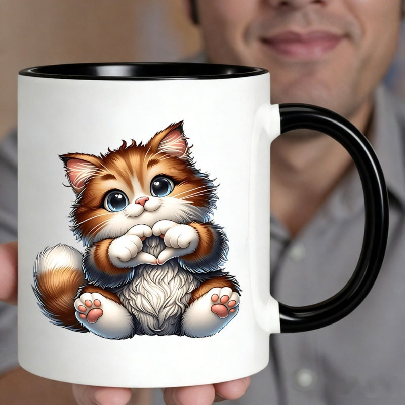 Tailorly Black Accent 11 oz Mug - adorable cartoon cat with a heart and paws