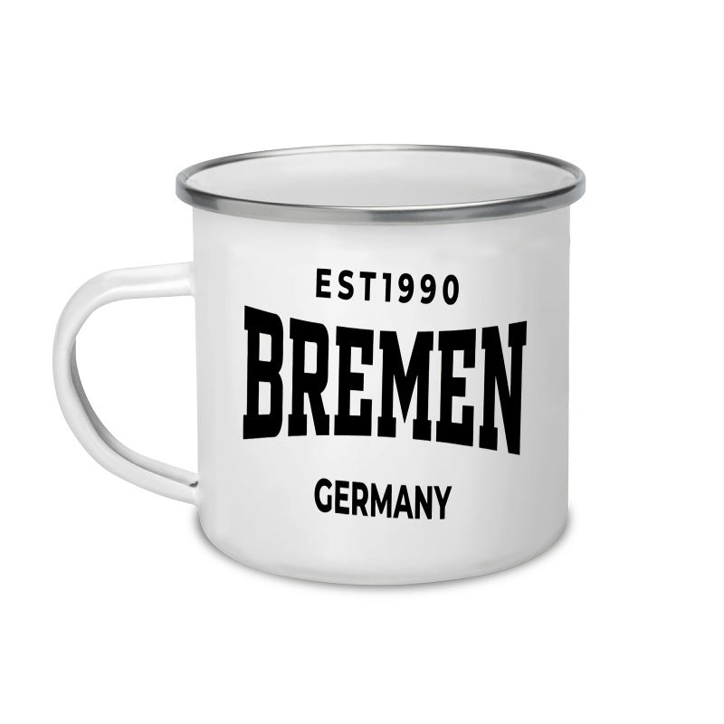 Tailorly White Ceramic 11 oz Mug - Bremen Germany EST 1990 Classic White Enamel Style Background With Polished Silver Trim Accents Mug