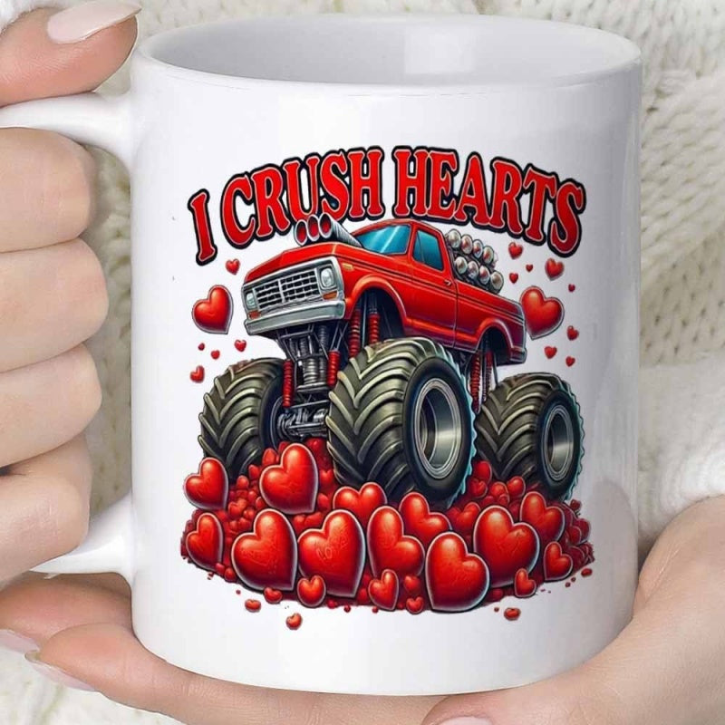 Tailorly White Ceramic 11 oz Mug - I Crush Hearts Powerful Red Monster Truck Crushing A Large Pile Of Hearts Truck