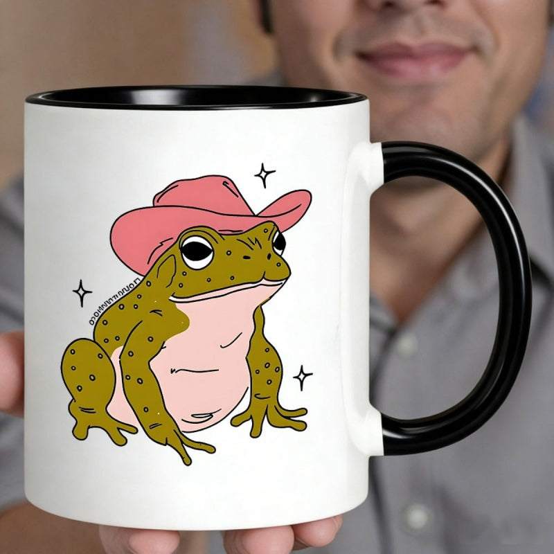 Tailorly Black Accent 11 oz Mug - cartoon frog in pink cowboy hat