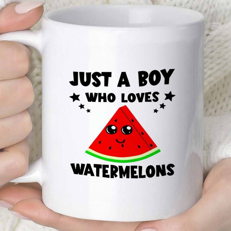 Tailorly White Ceramic 11 oz Mug - Just A Boy Who Loves Watermelons Smiling Fruit Character With Little Stars In A Minimalist Style Watermelon