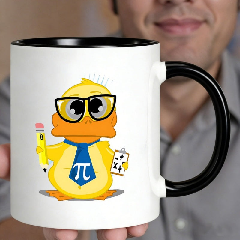 Tailorly Black Accent 11 oz Mug - cartoon duck wearing glasses， blue tie with a symbol， holding a pencil and clipboard