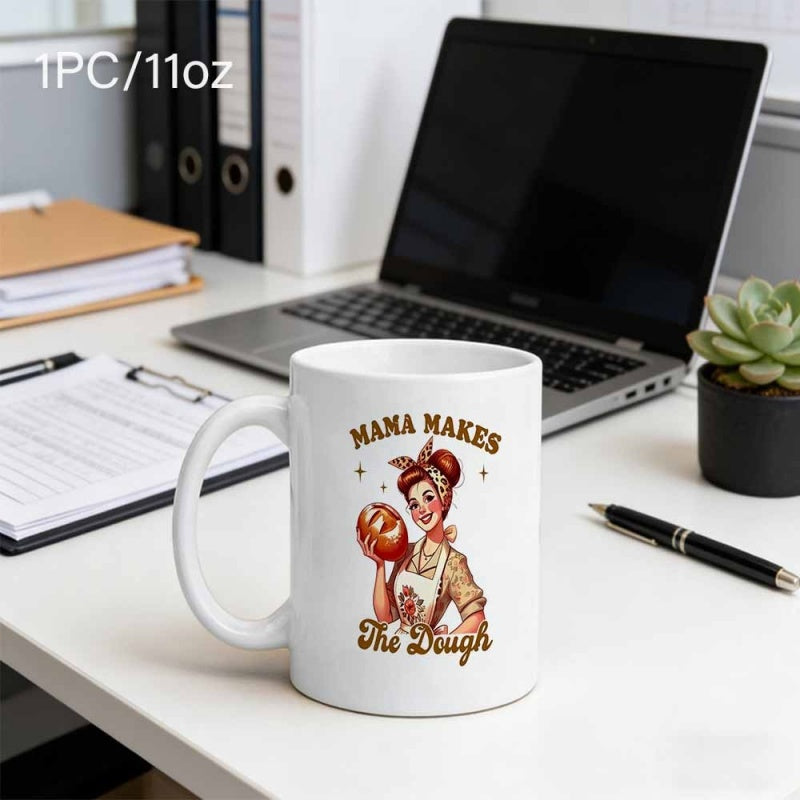 Tailorly White Ceramic 11 oz Mug - Mama Makes The Dough Vintage Retro Style Baker Holding A Fresh Loaf Of Bread Woman