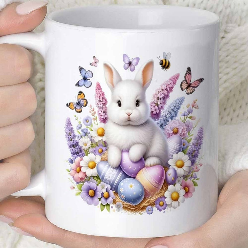 Tailorly White Ceramic 11 oz Mug - Adorable White Bunny Sitting On Colorful Easter Eggs Among Floral Garden Rabbit