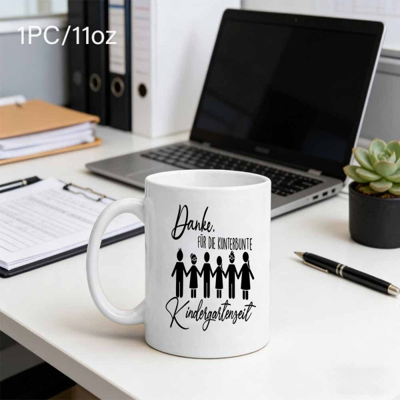 Tailorly White Ceramic 11 oz Mug - Black Silhouette Outlines Representing Small Group Of Diverse Happy Friends Children